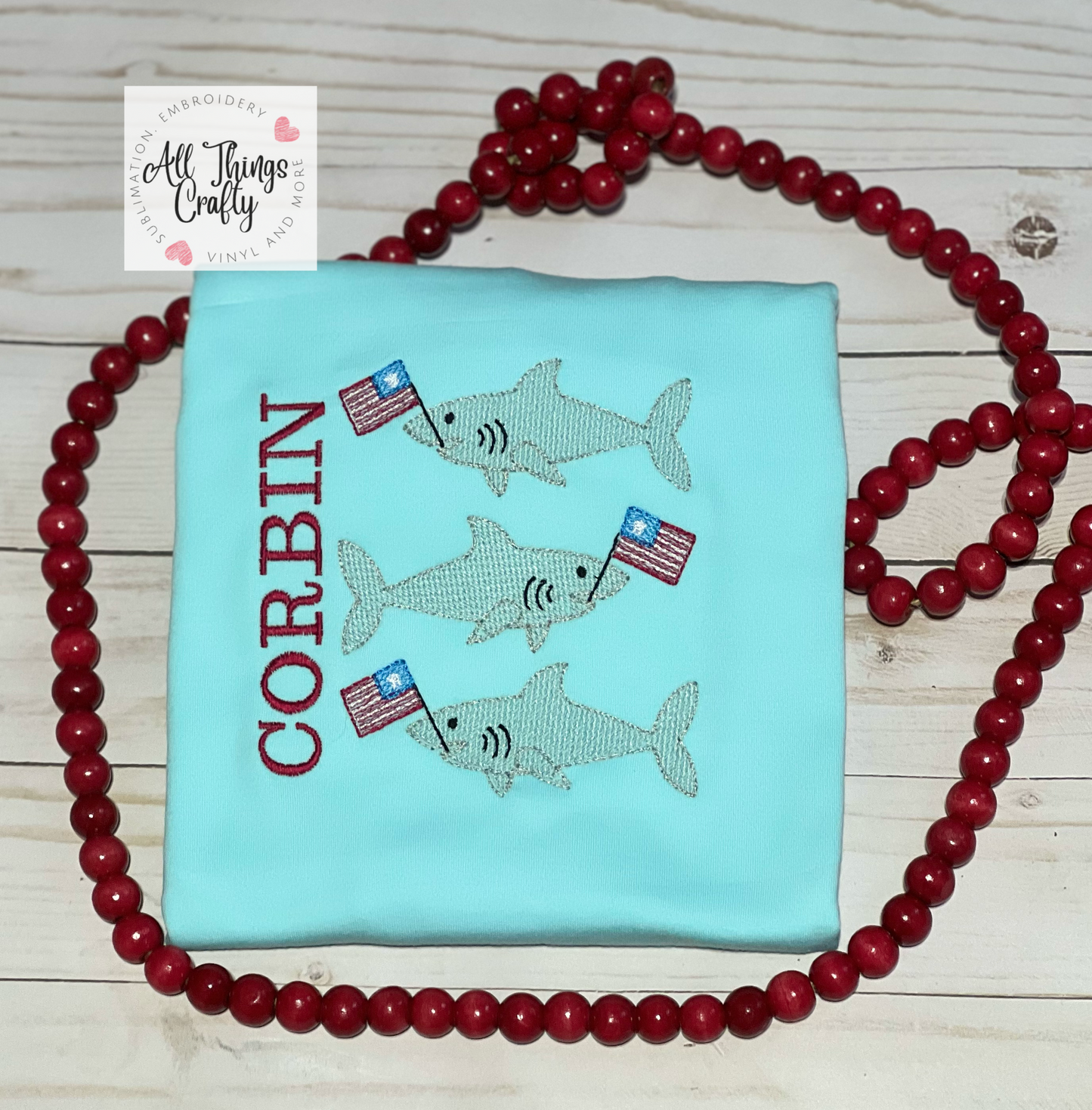 shark embroidery tee